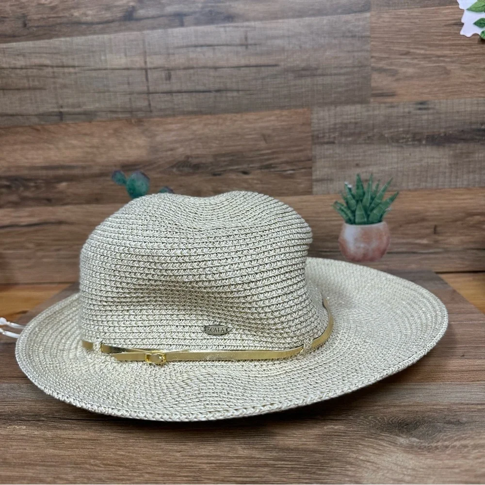 Scala women’s handwoven sun hat gold thread with a buckle trim
